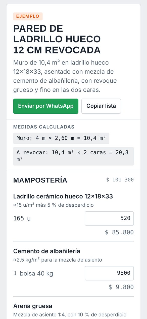 La lista de materiales, por rubro